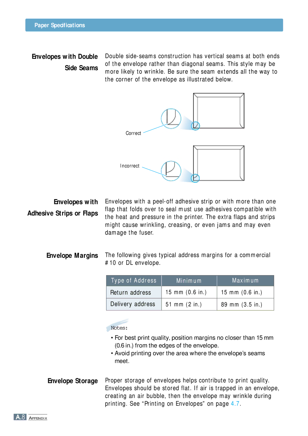 Samsung ML-4500 manual Return address, Envelopes with Double Side Seams 