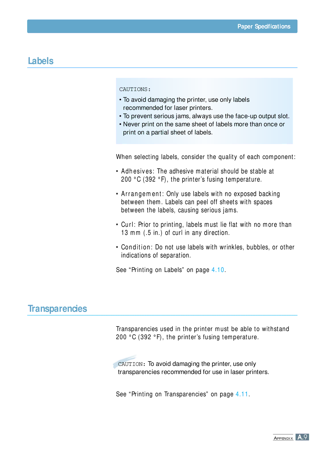 Samsung ML-4500 manual See Printing on Labels on, See Printing on Transparencies on 