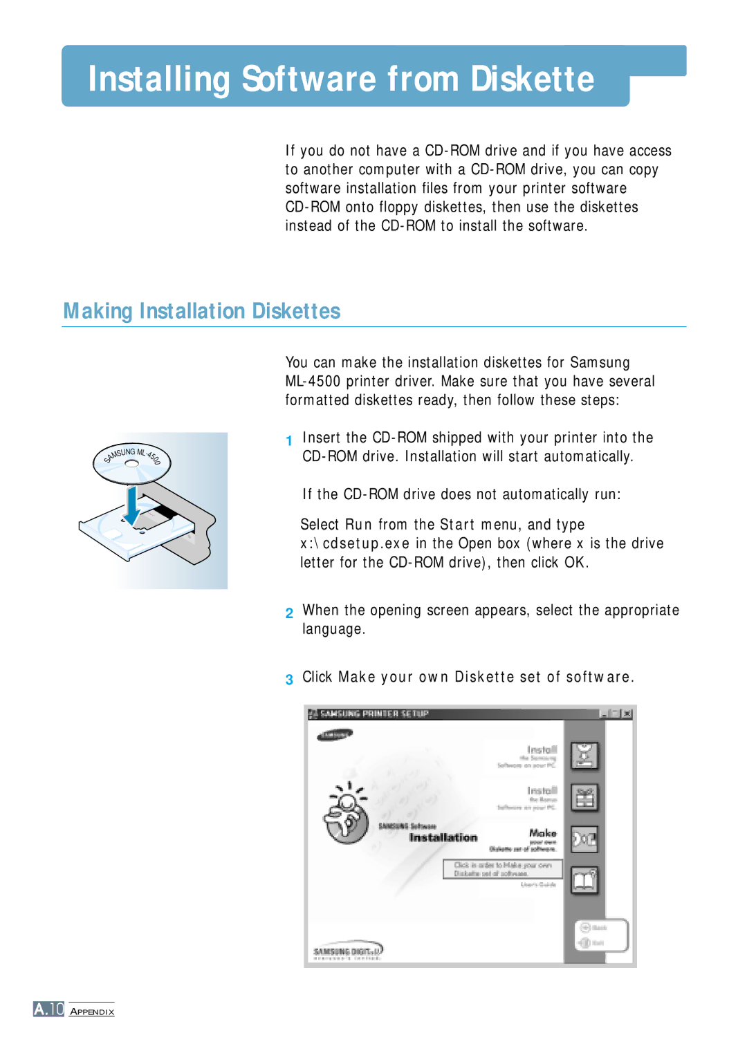 Samsung ML-4500 manual Installing Software from Diskette, Making Installation Diskettes 