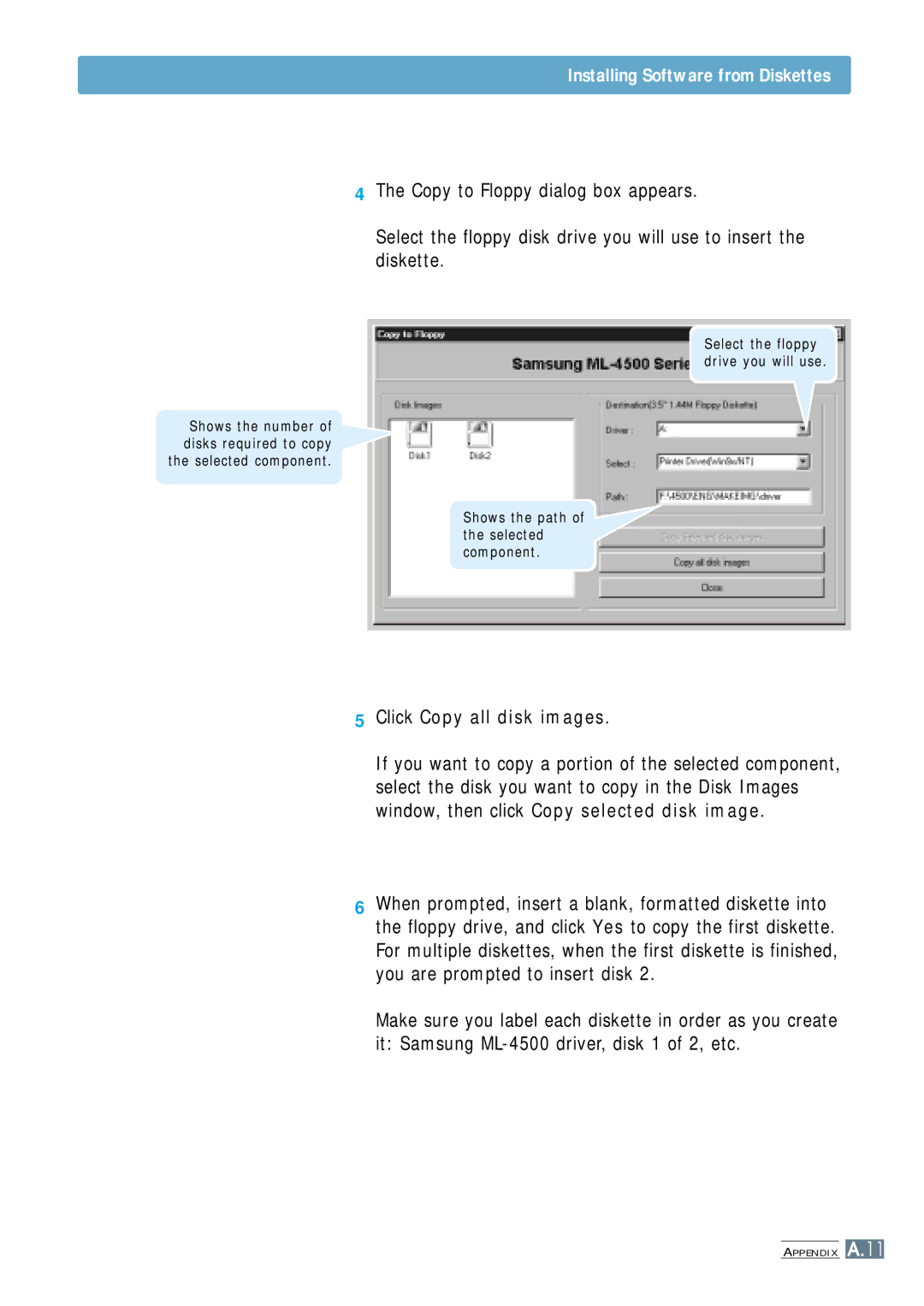 Samsung ML-4500 manual Installing Software from Diskettes, Click Copy all disk images 