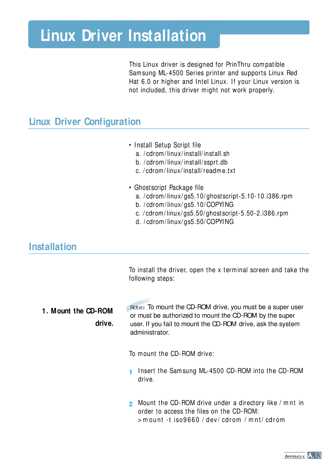 Samsung ML-4500 Linux Driver Installation, Linux Driver Configuration, Install Setup Script file, Ghostscript Package file 