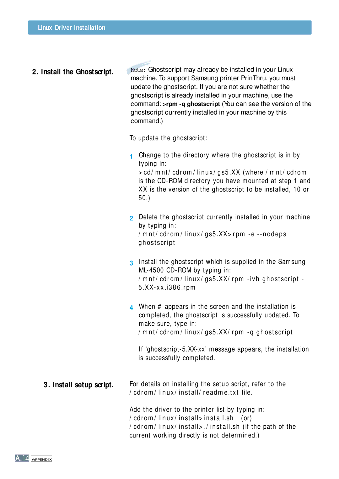 Samsung ML-4500 manual Install setup script, Linux Driver Installation 