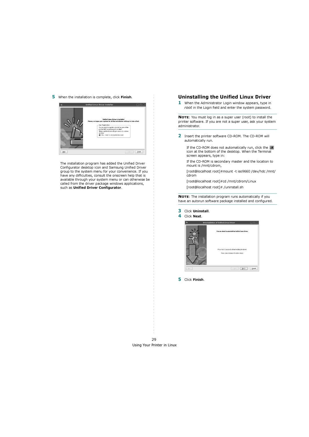 Samsung ML-4551ND, ML-4550 manual Uninstalling the Unified Linux Driver, Click Uninstall 