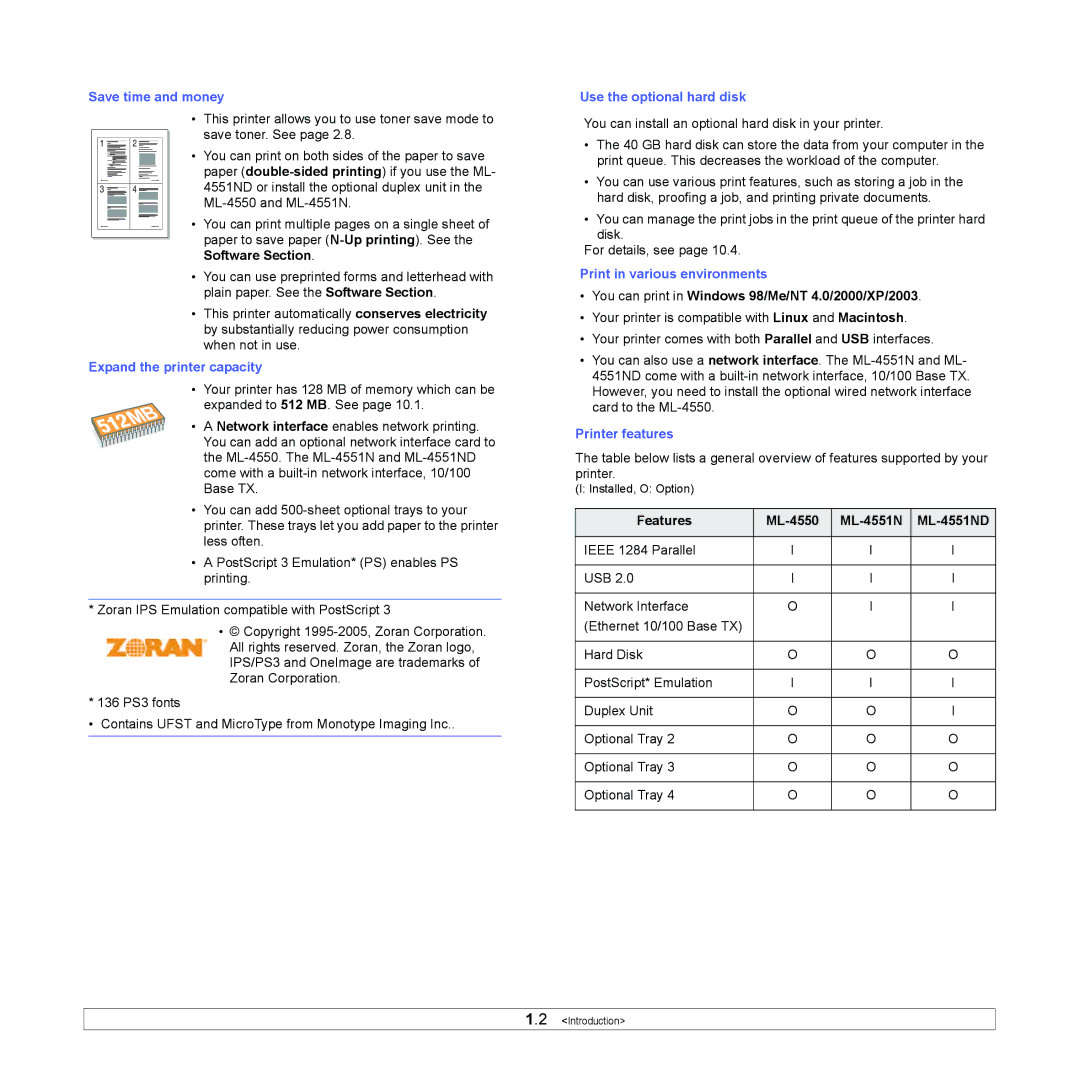 Samsung manual You can print in Windows 98/Me/NT 4.0/2000/XP/2003, Features ML-4550 ML-4551N ML-4551ND 