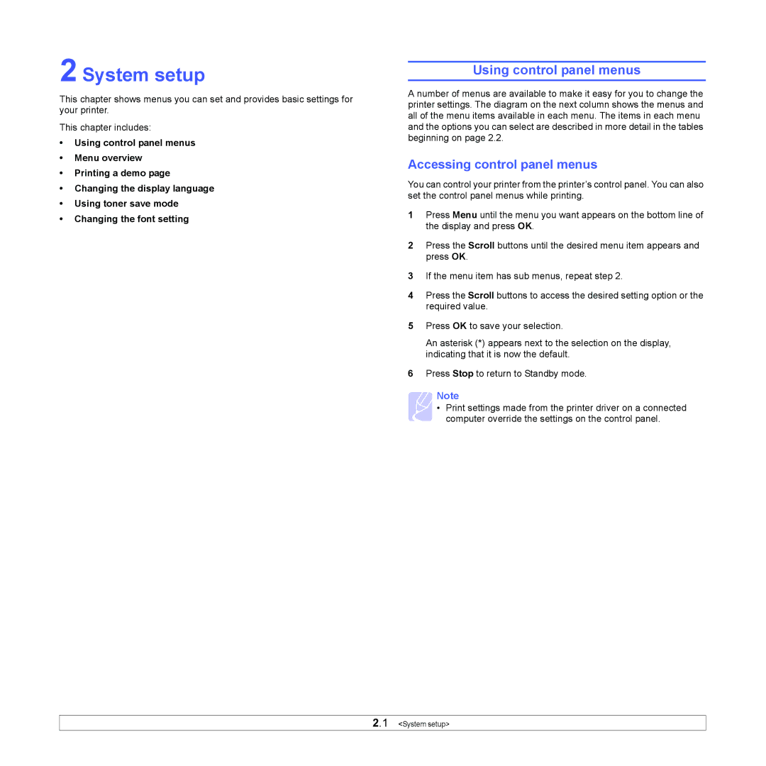 Samsung ML-4550, ML-4551ND manual System setup, Using control panel menus, Accessing control panel menus 