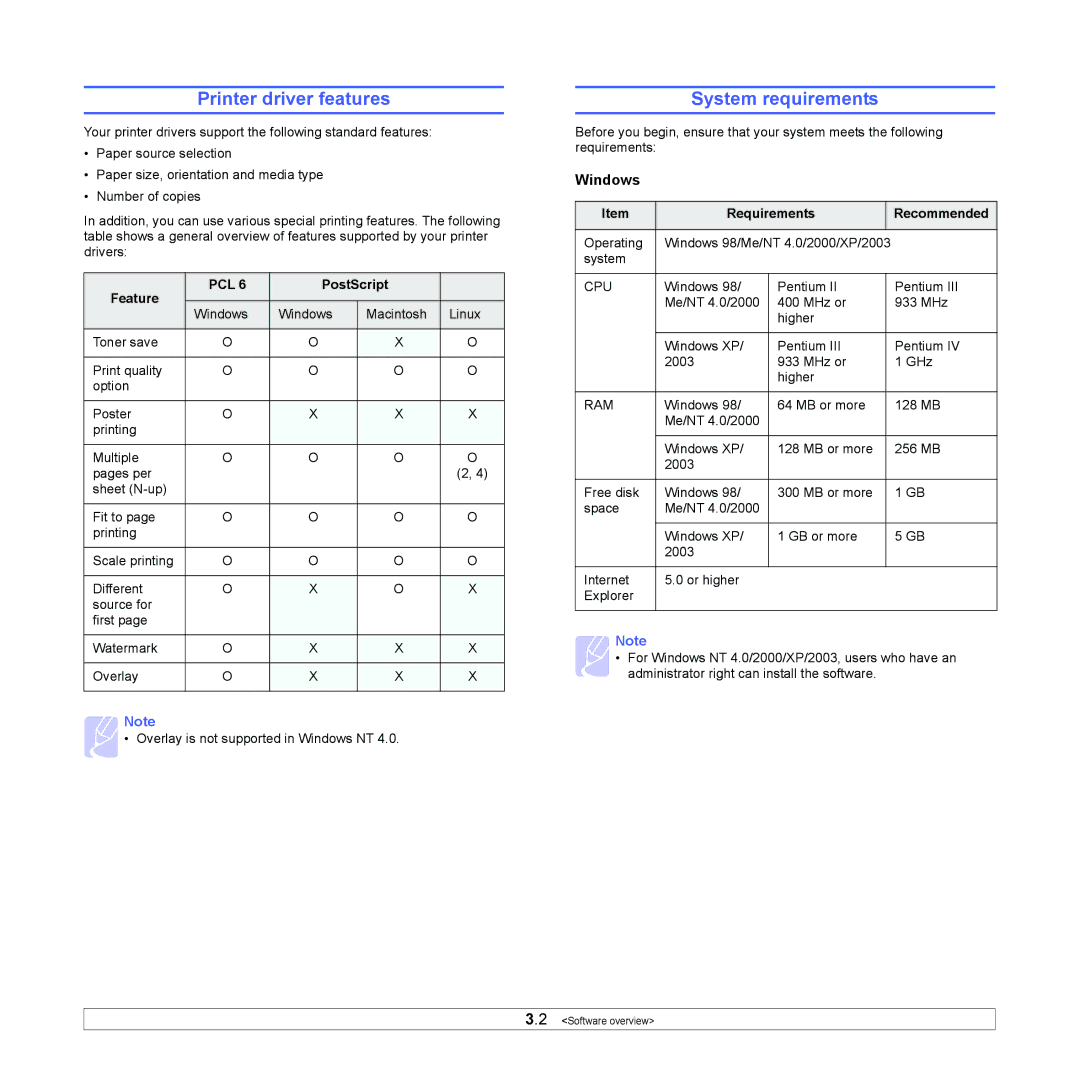 Samsung ML-4551ND, ML-4550 manual Printer driver features, System requirements, Windows 