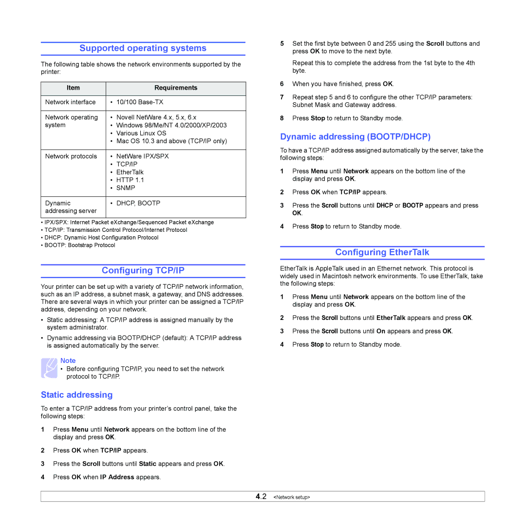 Samsung ML-4550, ML-4551ND manual Supported operating systems, Configuring TCP/IP, Configuring EtherTalk, Static addressing 
