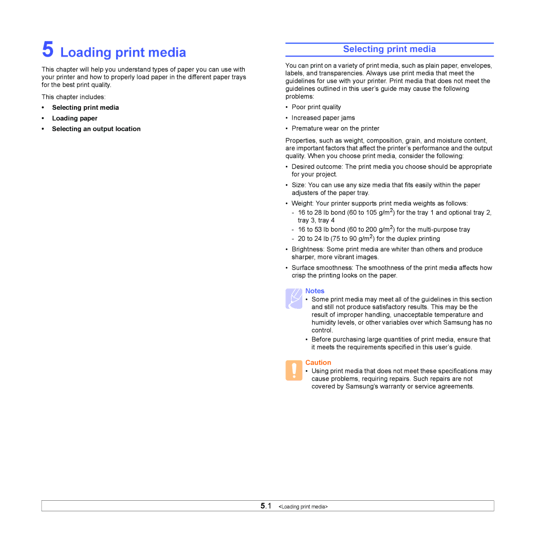 Samsung ML-4550, ML-4551ND manual Loading print media, Selecting print media 