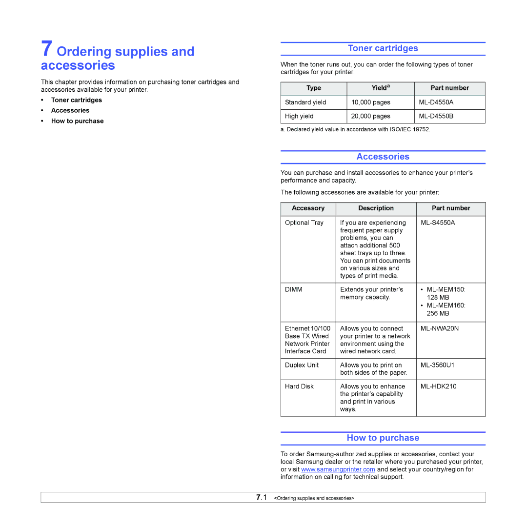 Samsung ML-4551ND, ML-4550 manual Ordering supplies and accessories, Toner cartridges, Accessories, How to purchase 