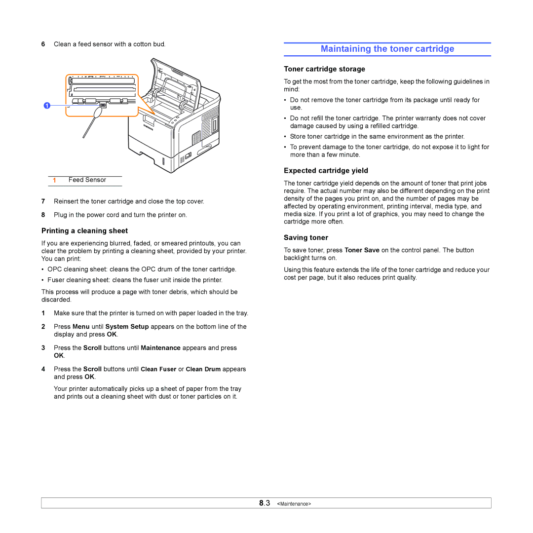 Samsung ML-4550 manual Maintaining the toner cartridge, Printing a cleaning sheet, Toner cartridge storage, Saving toner 