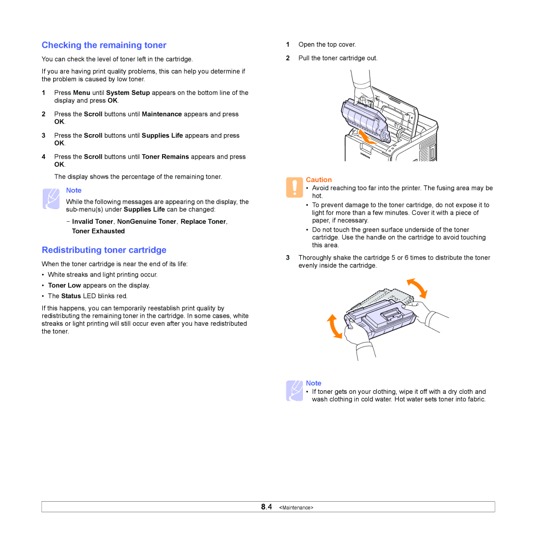 Samsung ML-4551ND, ML-4550 manual Checking the remaining toner, Redistributing toner cartridge 