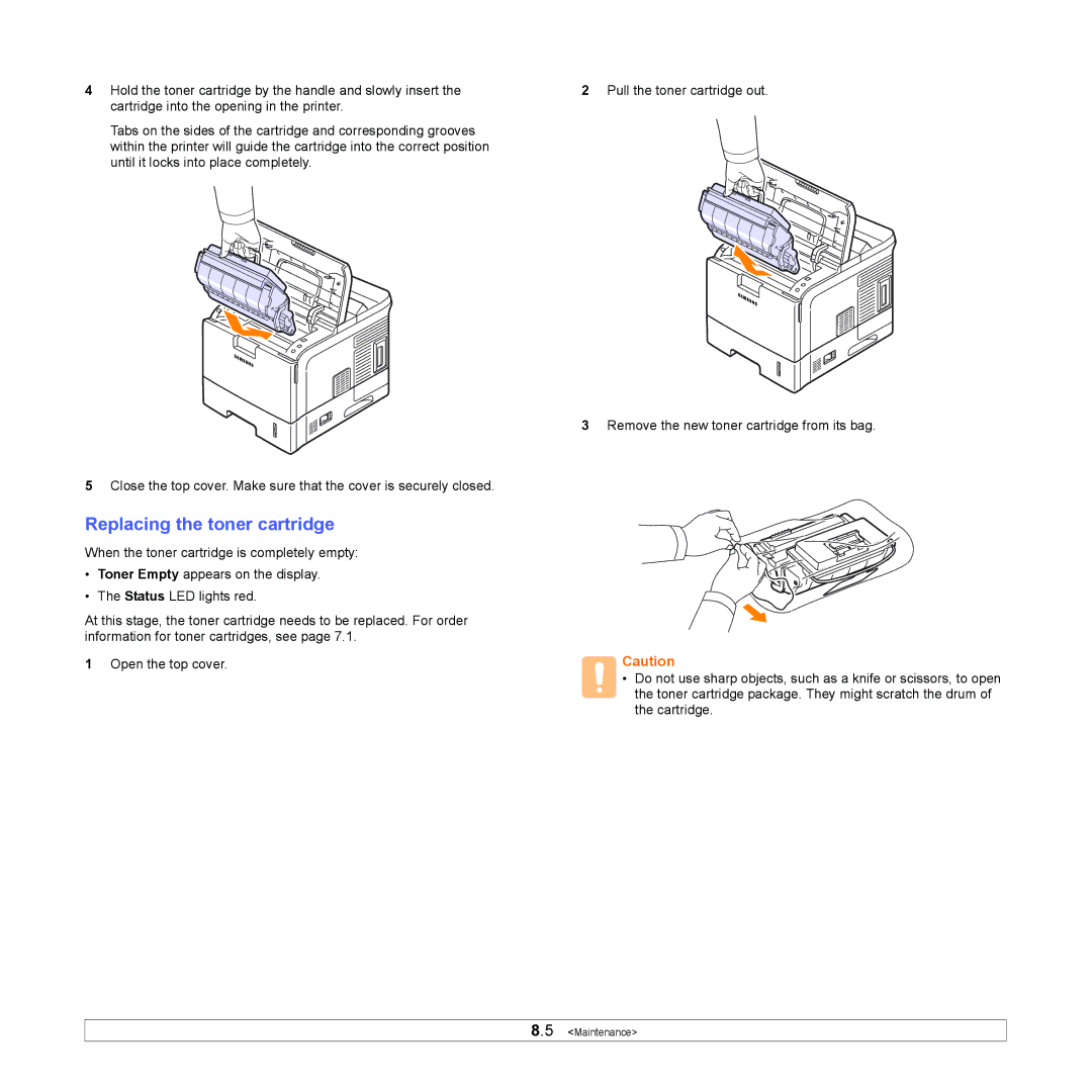 Samsung ML-4550, ML-4551ND manual Replacing the toner cartridge 