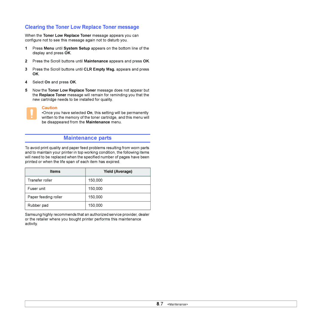 Samsung ML-4550, ML-4551ND manual Maintenance parts, Clearing the Toner Low Replace Toner message, Items Yield Average 