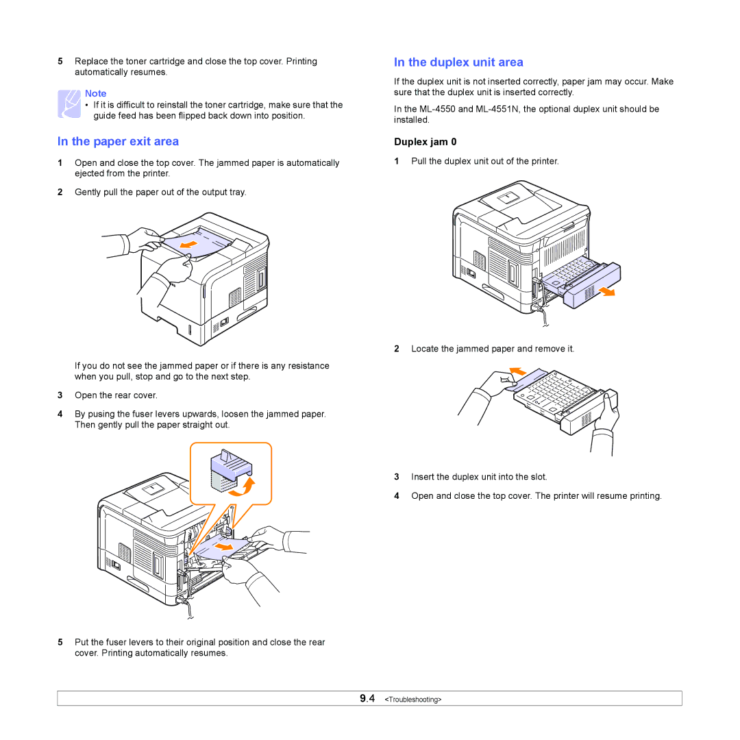 Samsung ML-4550, ML-4551ND manual Paper exit area, Duplex unit area, Duplex jam 