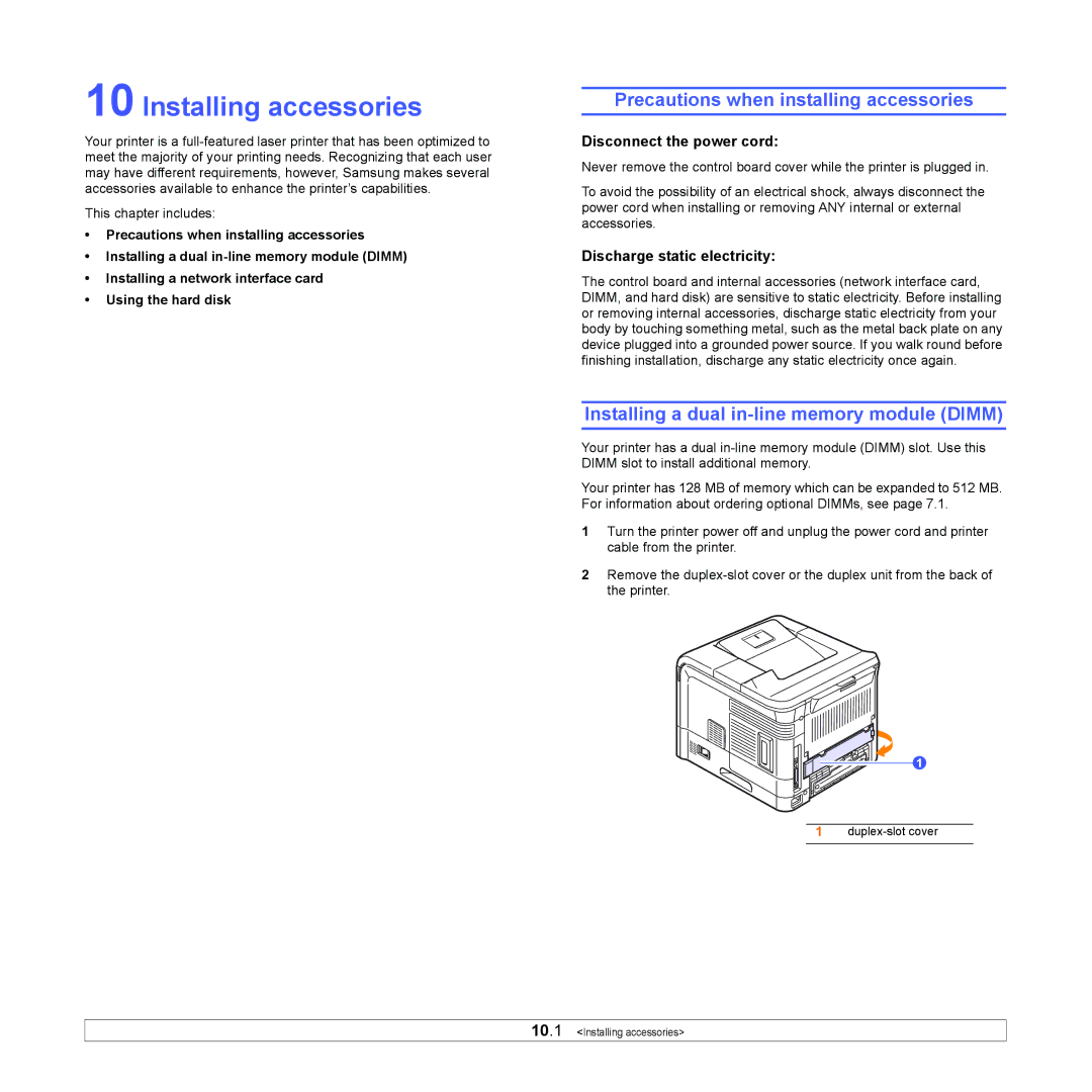 Samsung ML-4551ND, ML-4550 manual Installing accessories, Precautions when installing accessories, Disconnect the power cord 