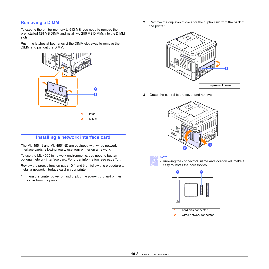 Samsung ML-4551ND, ML-4550 manual Installing a network interface card, Removing a Dimm 