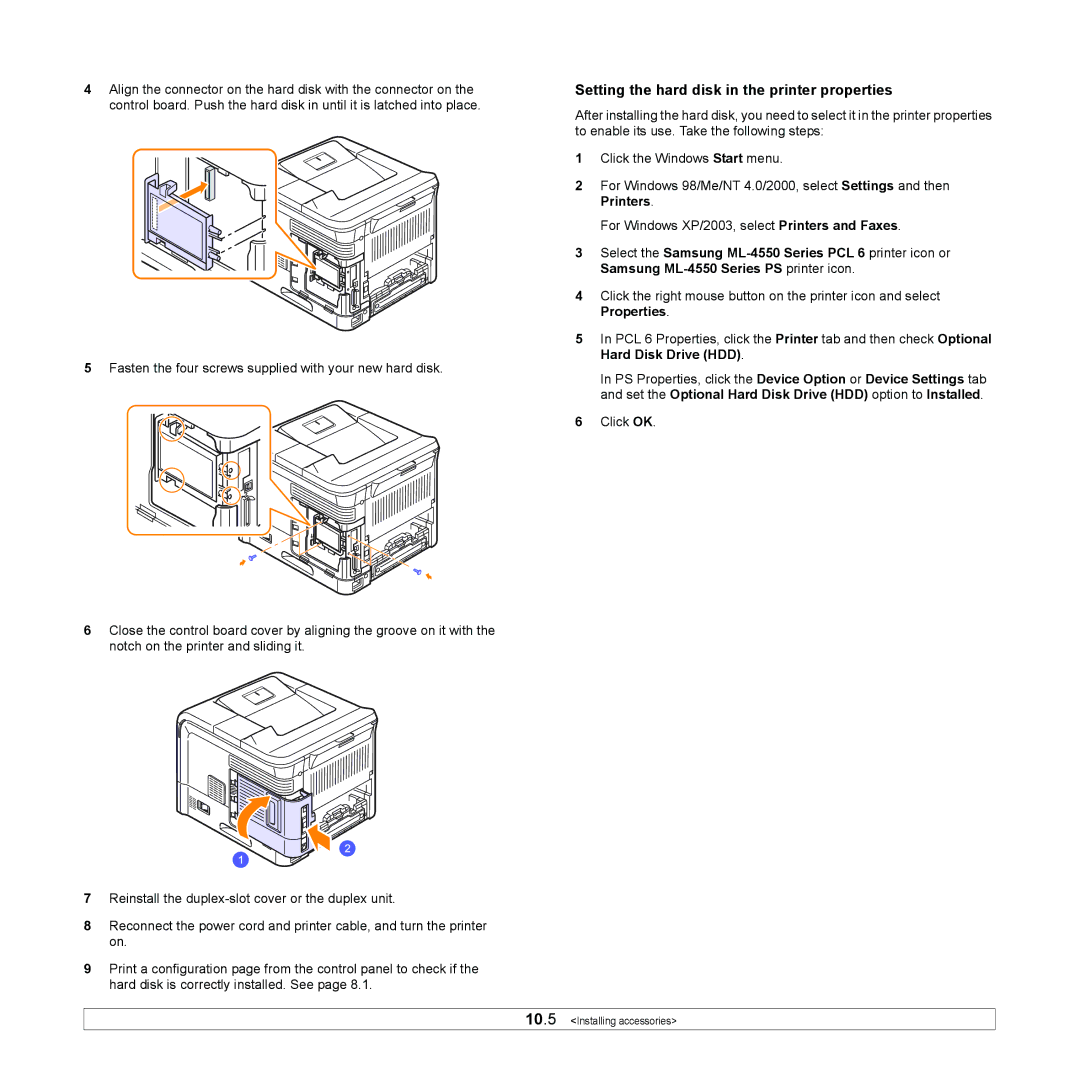 Samsung ML-4551ND, ML-4550 manual Setting the hard disk in the printer properties 