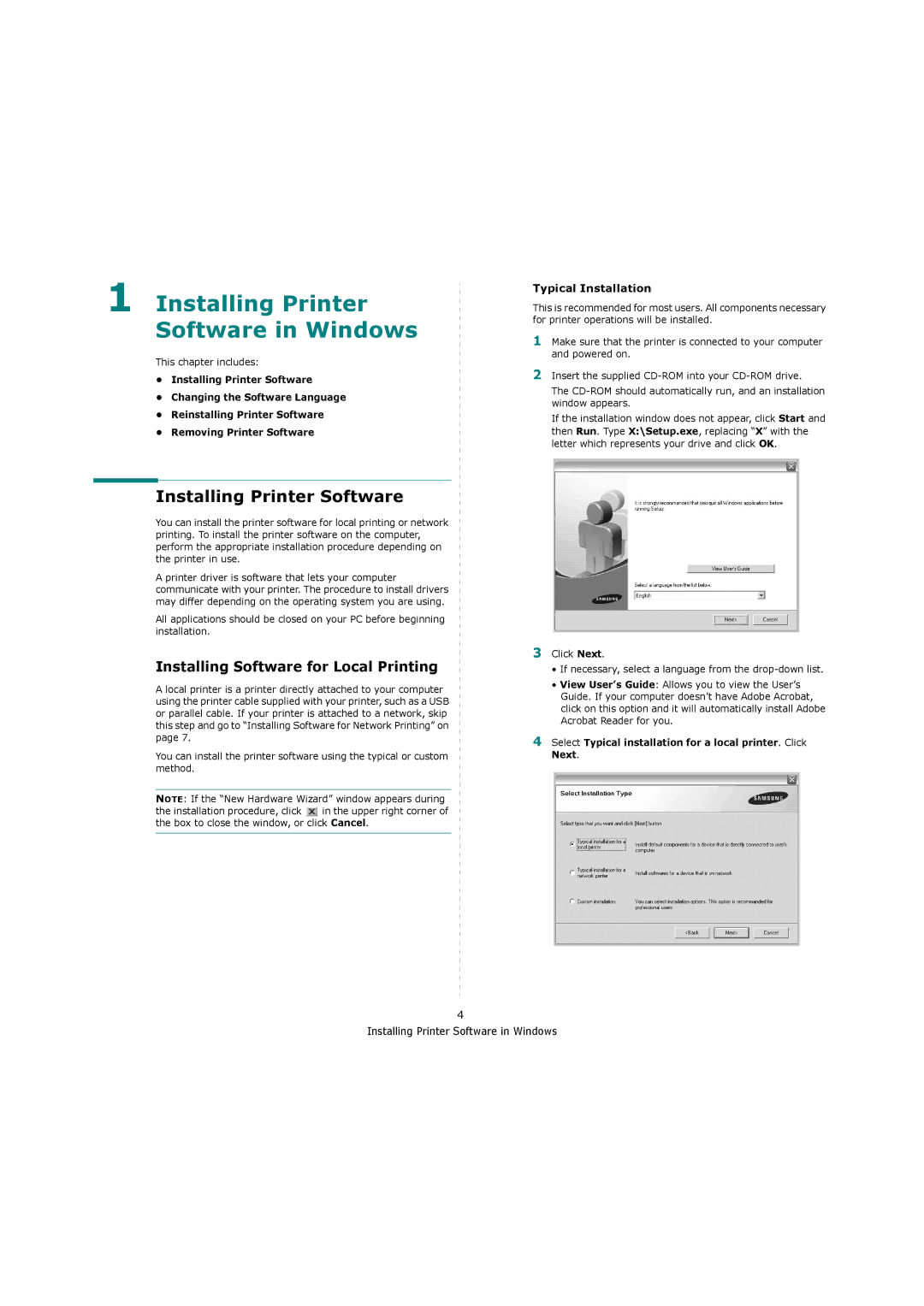 Samsung ML-4550, ML-4551ND manual Installing Printer Software, Installing Software for Local Printing, Typical Installation 