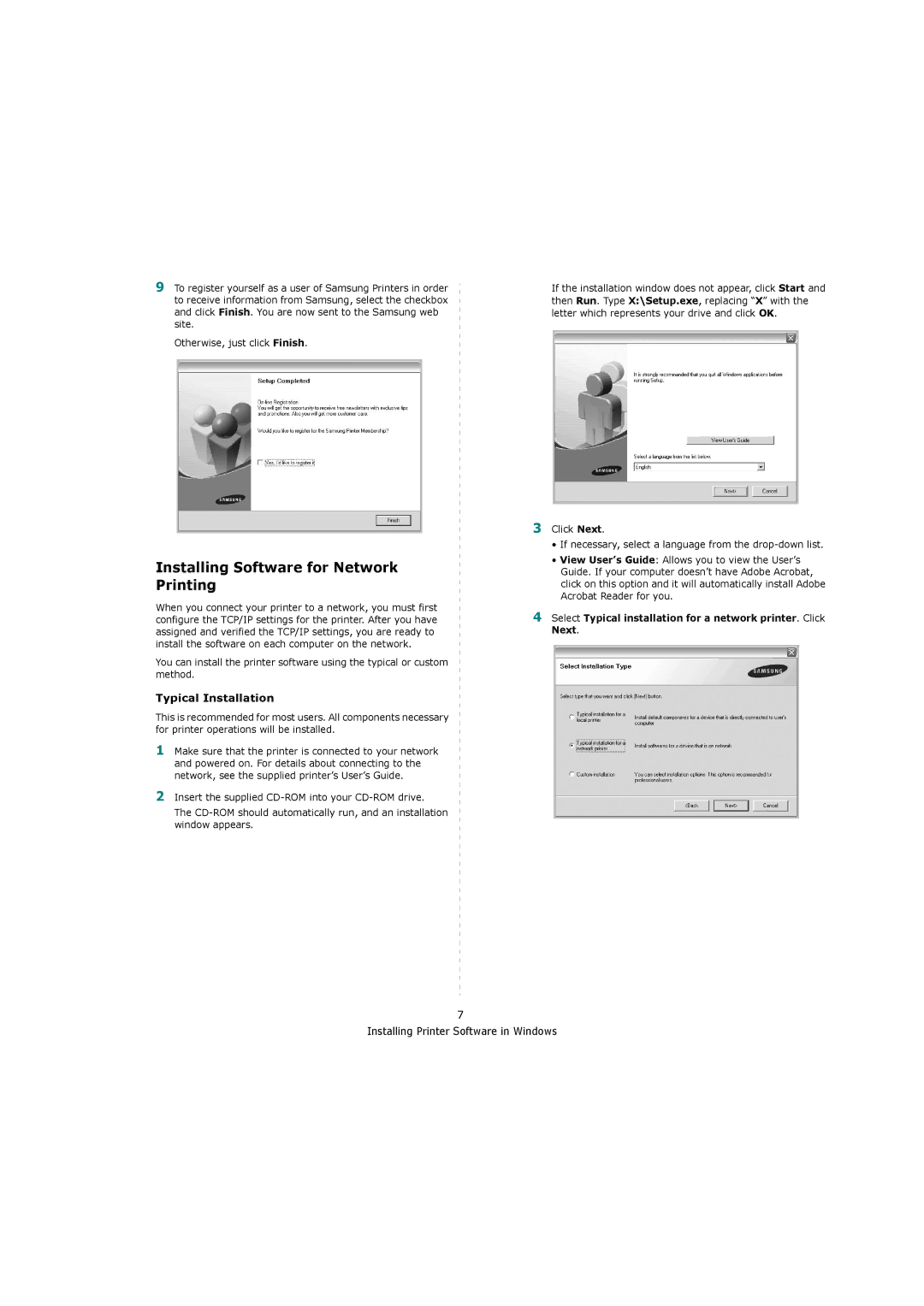 Samsung ML-4551ND, ML-4550 manual Installing Software for Network Printing, Typical Installation 