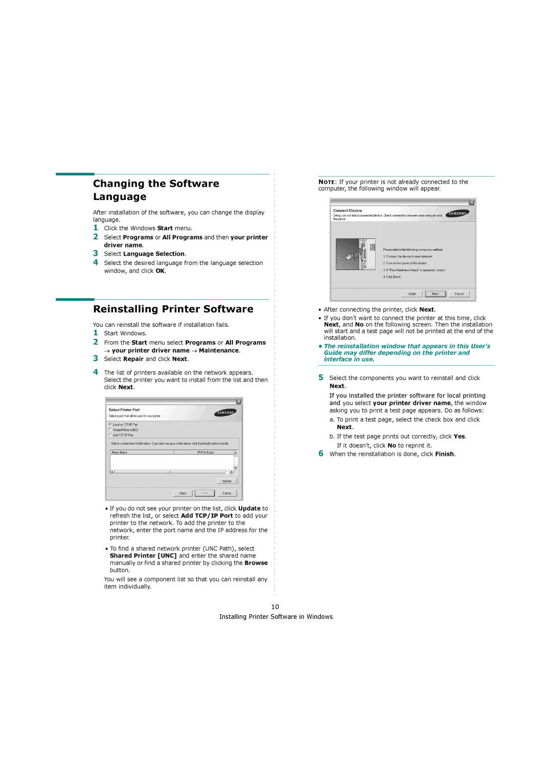 Samsung ML-4550, ML-4551ND manual Changing the Software Language, Reinstalling Printer Software 