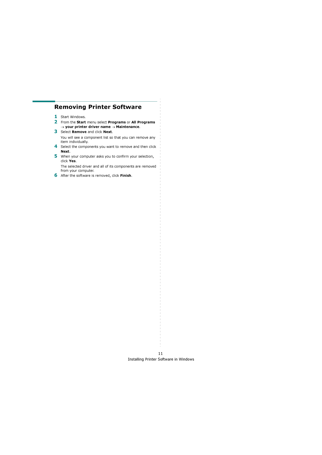 Samsung ML-4551ND, ML-4550 manual Removing Printer Software, Next 