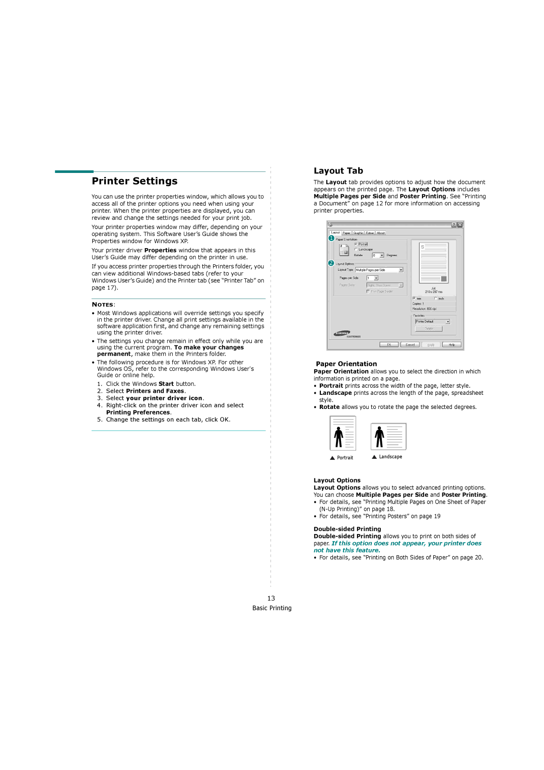 Samsung ML-4551ND, ML-4550 manual Printer Settings, Layout Tab, Paper Orientation 