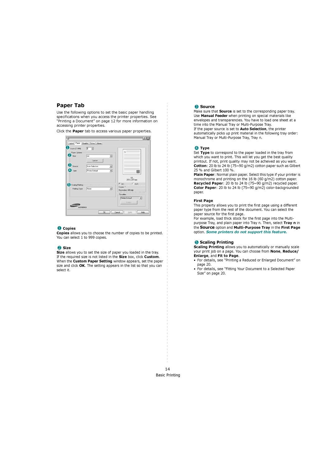 Samsung ML-4550, ML-4551ND manual Paper Tab, Source, Scaling Printing 