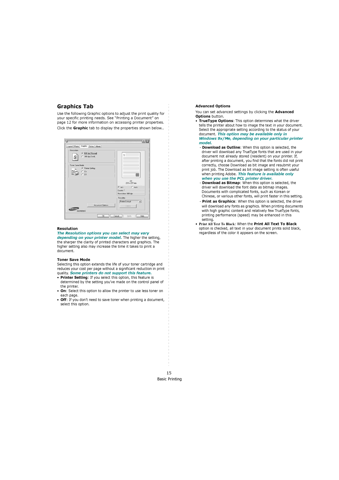 Samsung ML-4551ND, ML-4550 manual Graphics Tab, Resolution, Toner Save Mode, Advanced Options 