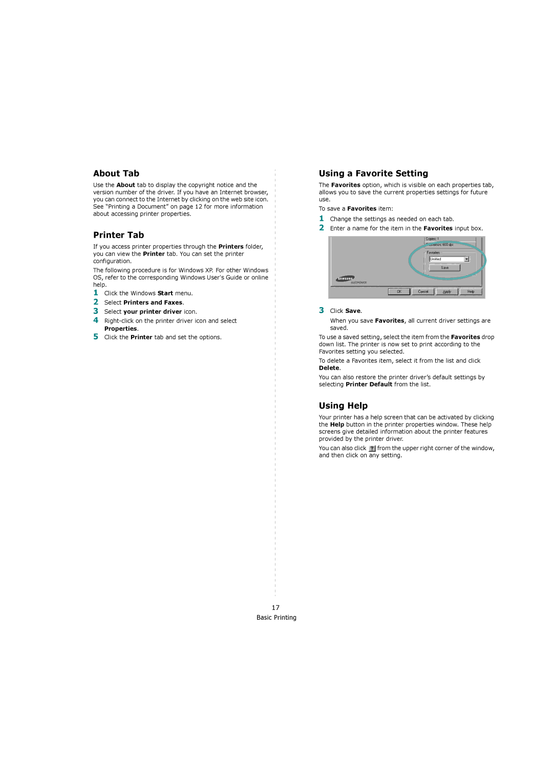 Samsung ML-4551ND, ML-4550 manual About Tab, Printer Tab, Using a Favorite Setting, Using Help, Properties 