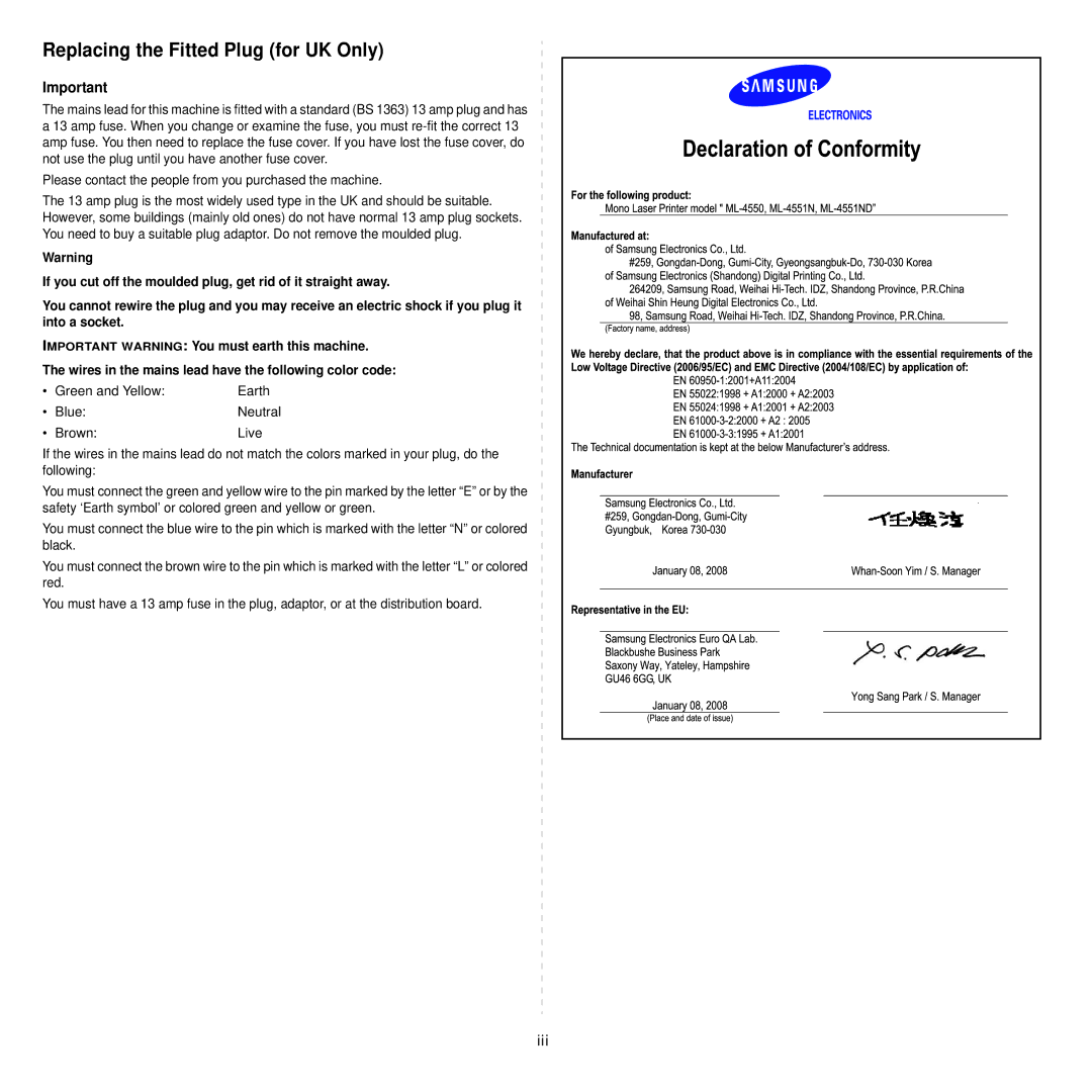 Samsung ML-4551ND, ML-4550 manual Replacing the Fitted Plug for UK Only 