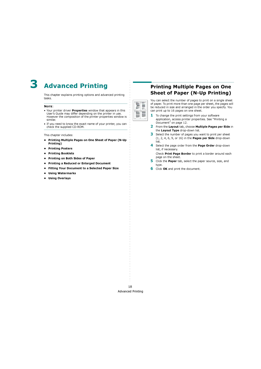 Samsung ML-4550, ML-4551ND manual Advanced Printing, Printing Multiple Pages on One Sheet of Paper N-Up Printing 