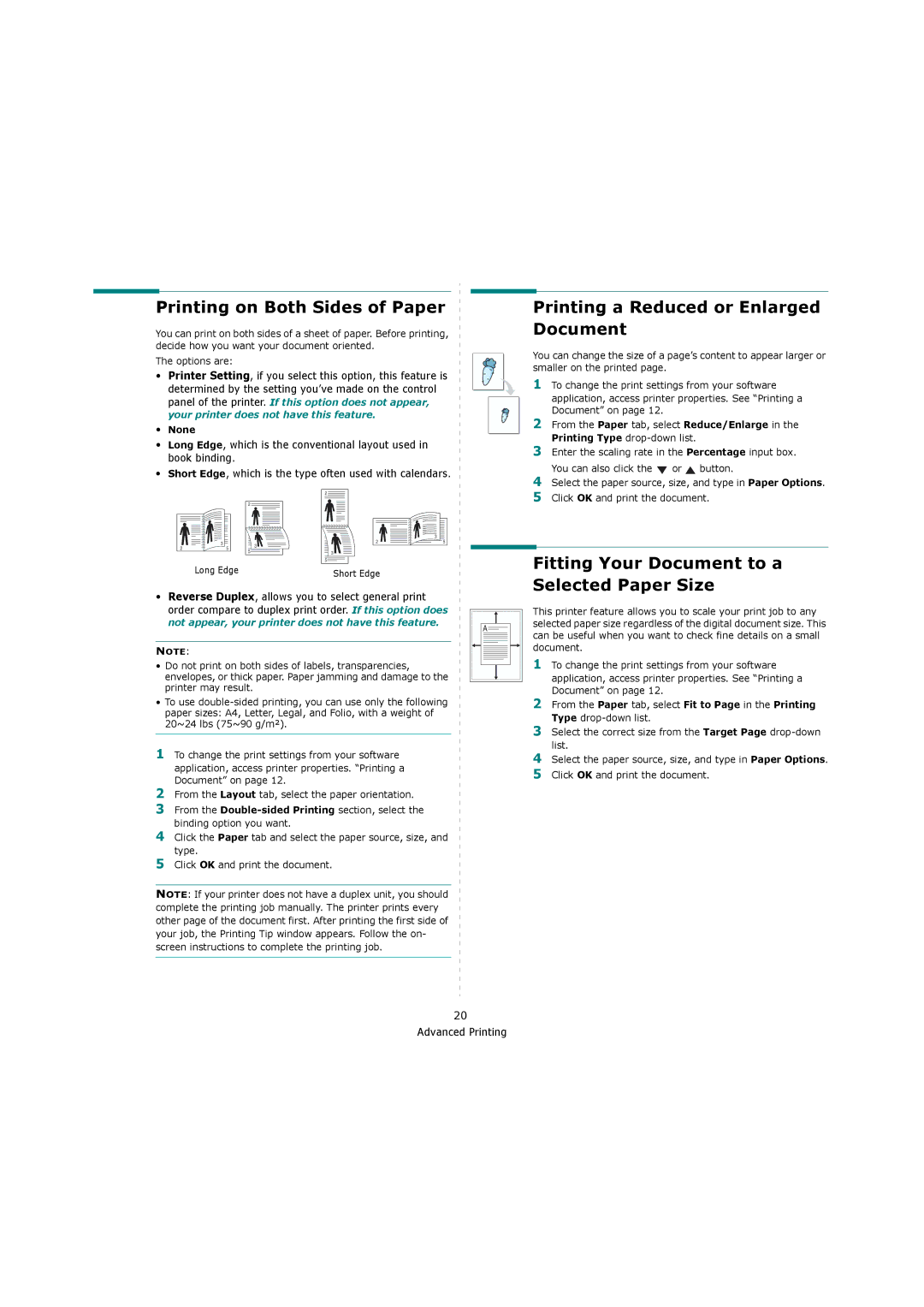 Samsung ML-4550, ML-4551ND manual Printing on Both Sides of Paper, Printing a Reduced or Enlarged Document, None 