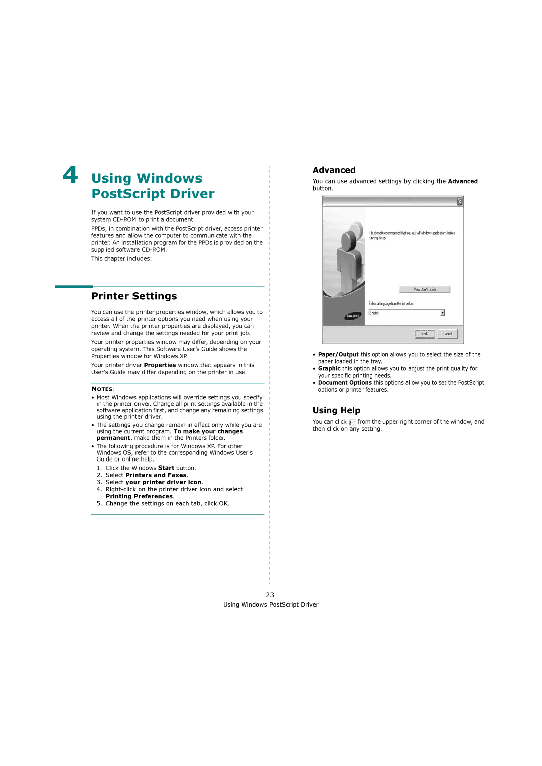 Samsung ML-4551ND, ML-4550 manual Using Windows PostScript Driver, Advanced 