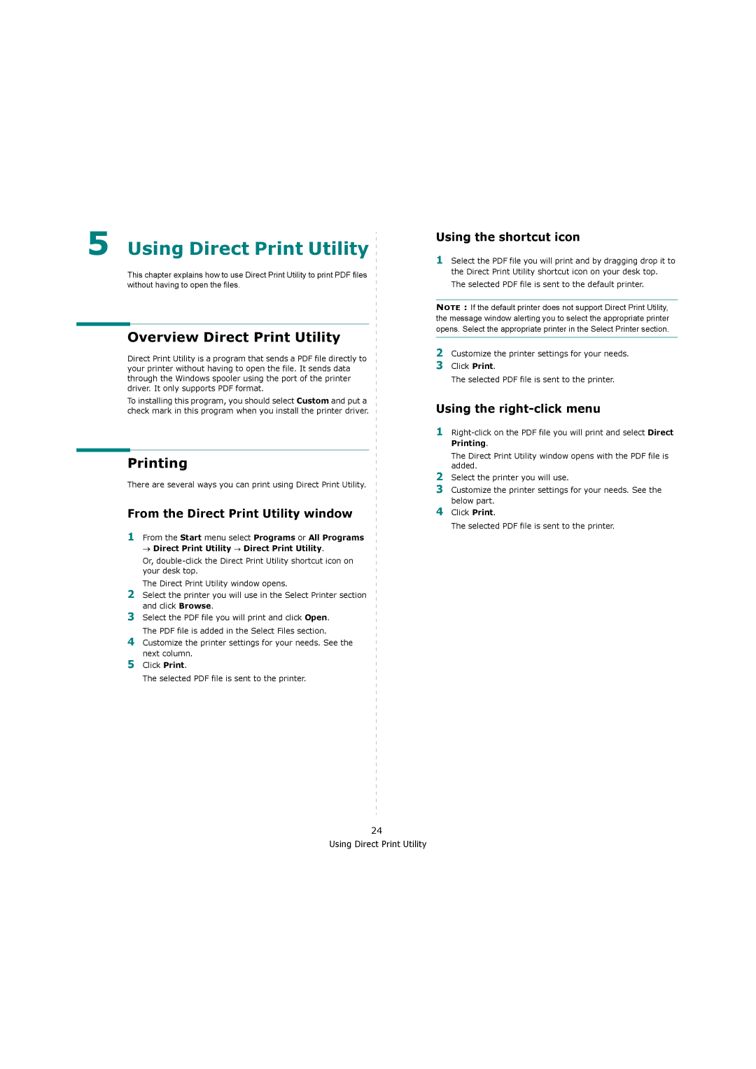 Samsung ML-4550 Overview Direct Print Utility, Printing, From the Direct Print Utility window, Using the shortcut icon 