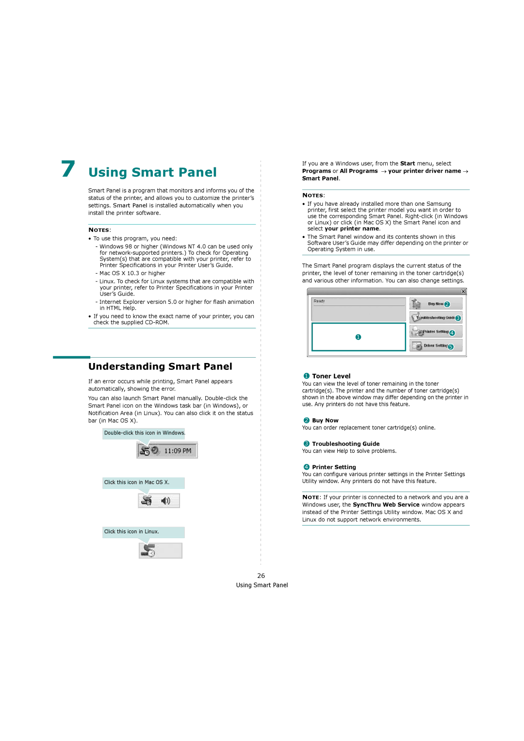 Samsung ML-4550, ML-4551ND manual Understanding Smart Panel, Toner Level, Buy Now, Troubleshooting Guide, Printer Setting 