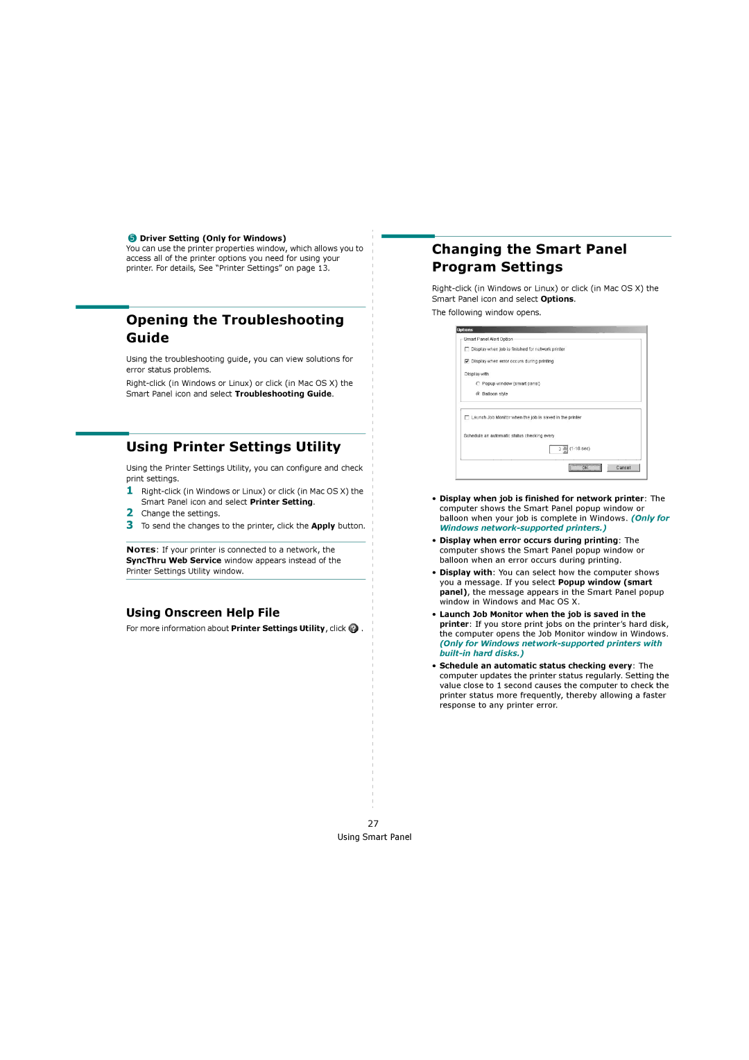 Samsung ML-4551ND Opening the Troubleshooting Guide, Changing the Smart Panel Program Settings, Using Onscreen Help File 