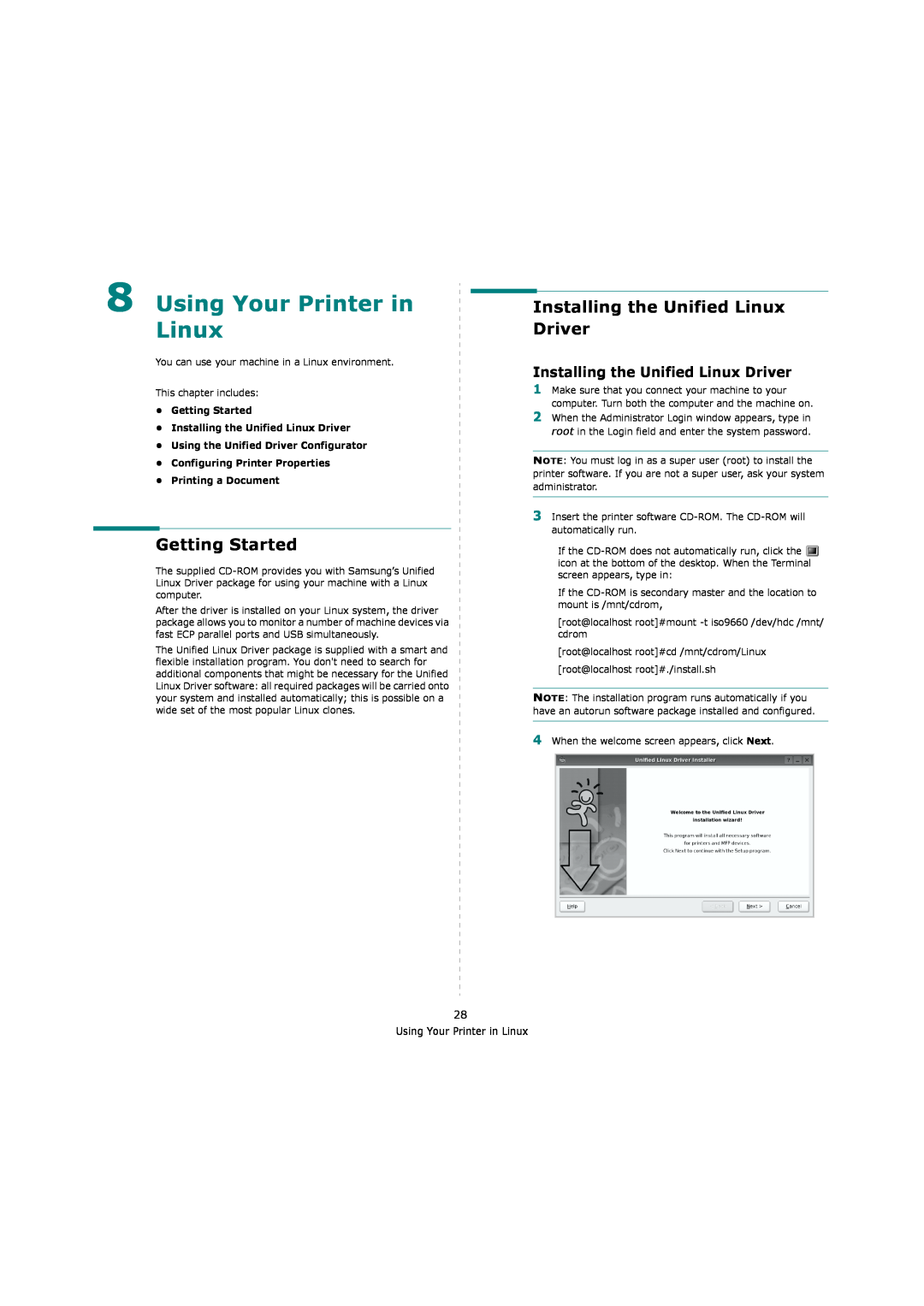 Samsung ML-4550 Using Your Printer in Linux, Getting Started, Installing the Unified Linux Driver, Printing a Document 