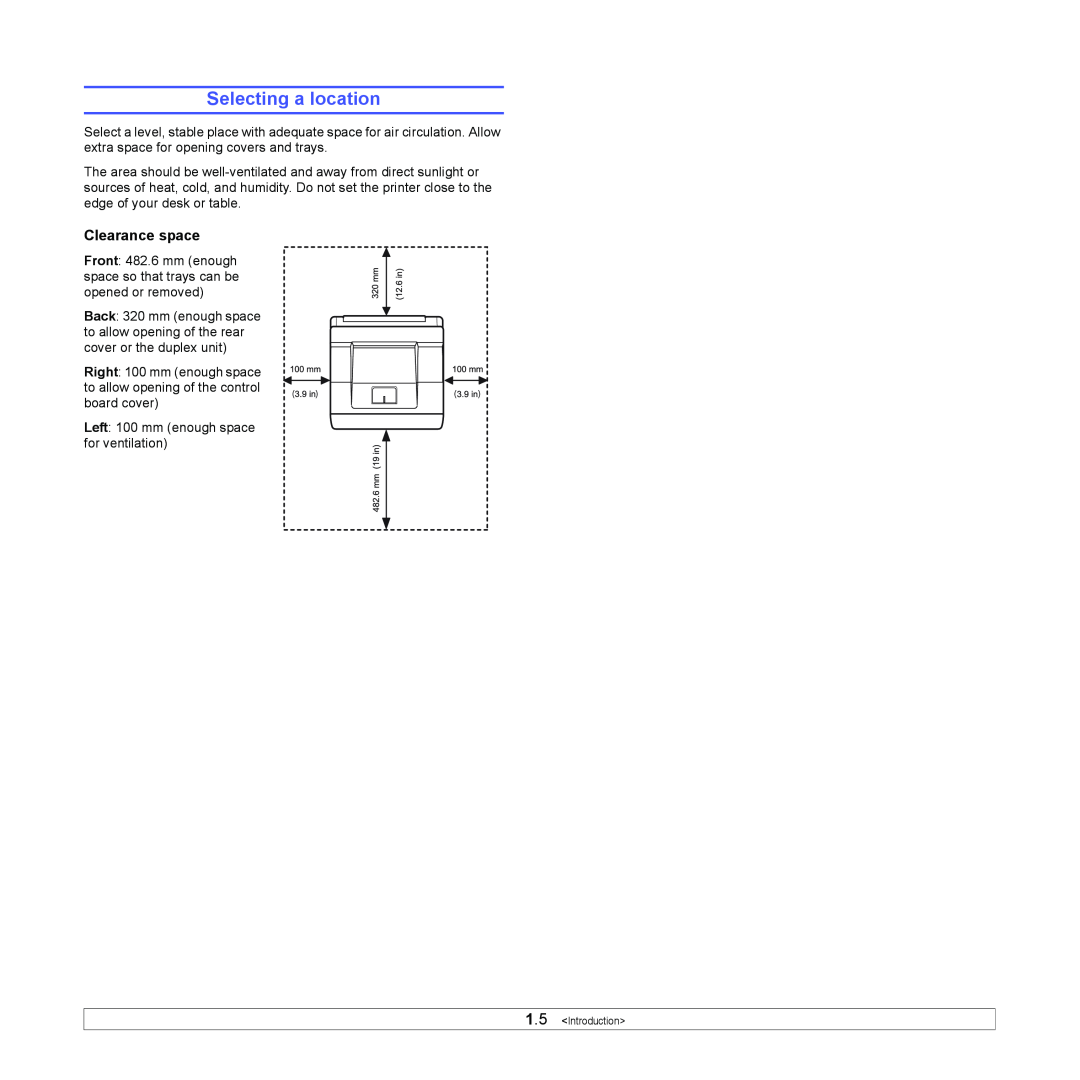 Samsung ML-4551ND, ML-4550 manual Selecting a location, Clearance space 