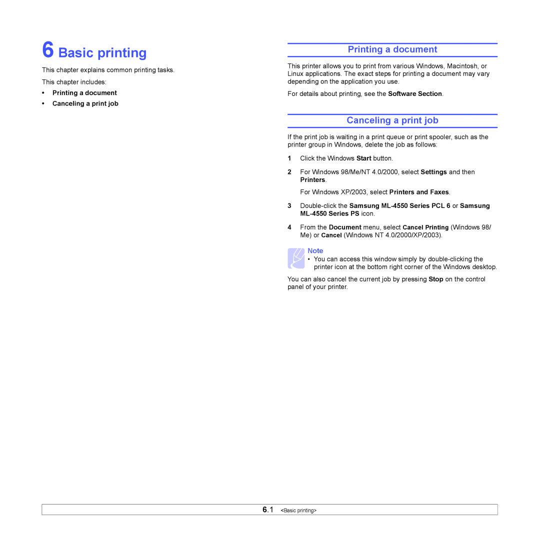 Samsung ML-4550, ML-4551ND manual Basic printing, Printing a document, Canceling a print job 