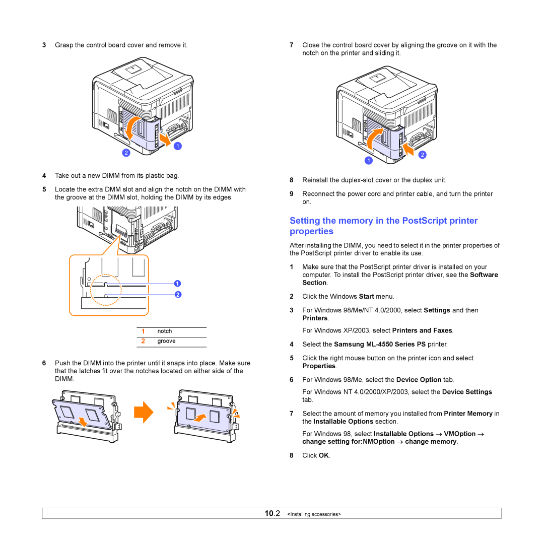 Samsung manual Setting the memory in the PostScript printer properties, Select the Samsung ML-4550 Series PS printer 