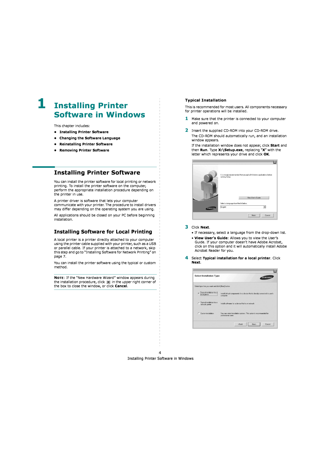 Samsung ML-4550 manual Installing Printer Software in Windows, Installing Software for Local Printing, Typical Installation 