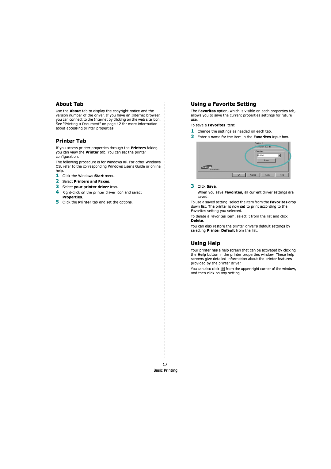 Samsung ML-4551ND, ML-4550 manual About Tab, Printer Tab, Using a Favorite Setting, Using Help, Properties 