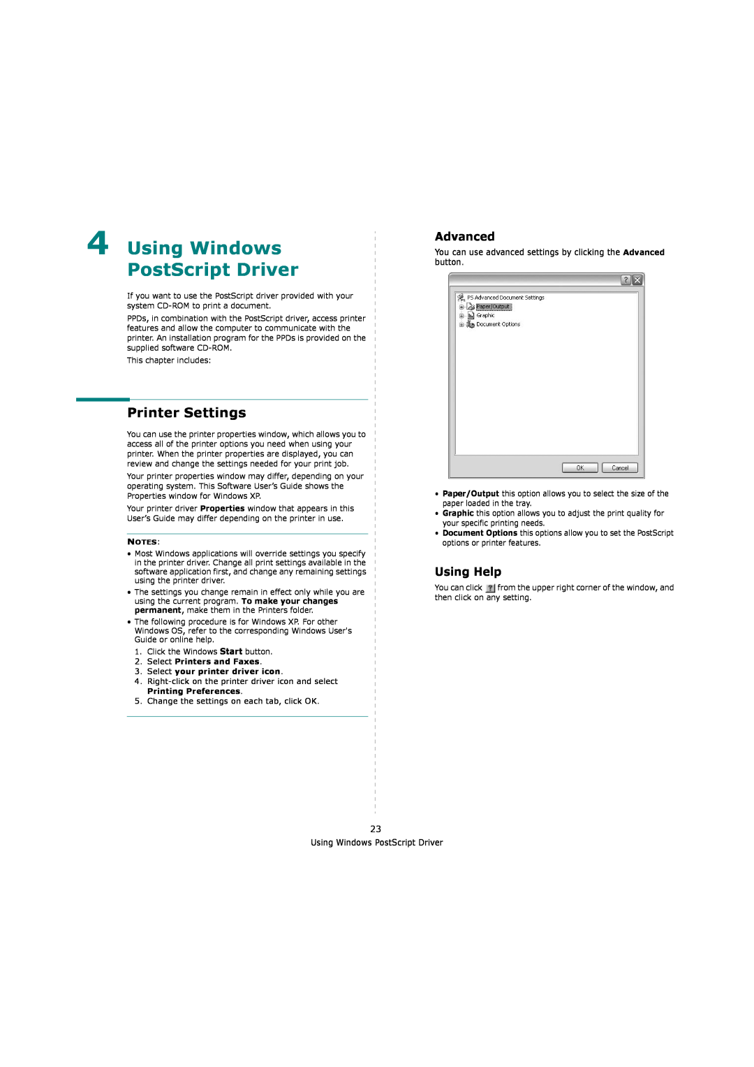 Samsung ML-4551ND, ML-4550 manual Using Windows PostScript Driver, Advanced, Printer Settings, Using Help 