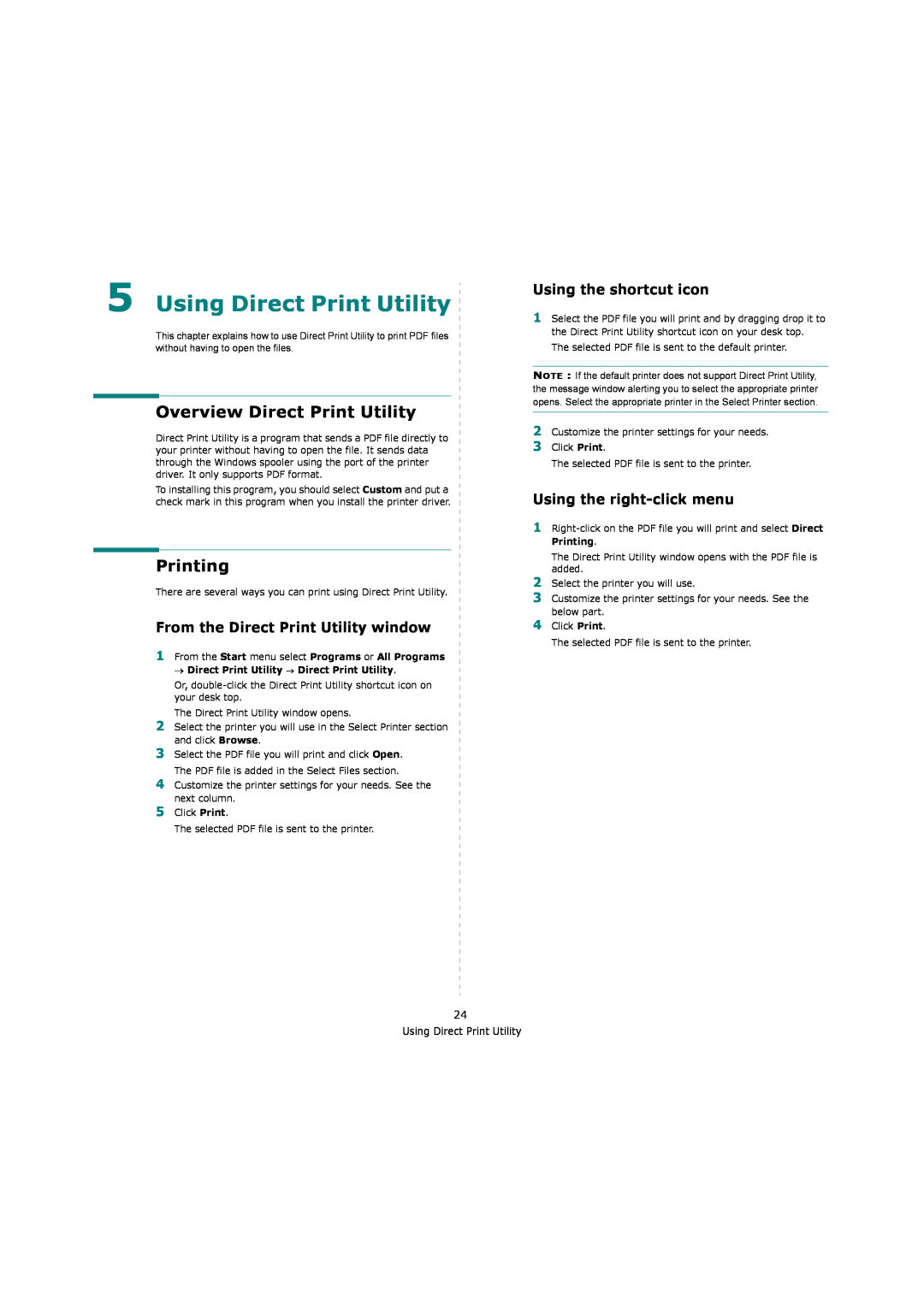 Samsung ML-4550 Using Direct Print Utility, Overview Direct Print Utility, Printing, From the Direct Print Utility window 
