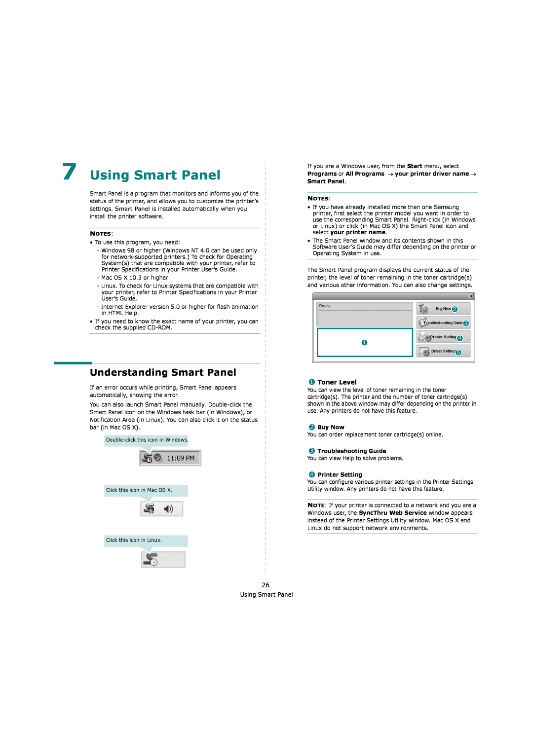 Samsung ML-4550 Using Smart Panel, Understanding Smart Panel, Toner Level, Buy Now, Troubleshooting Guide, Printer Setting 