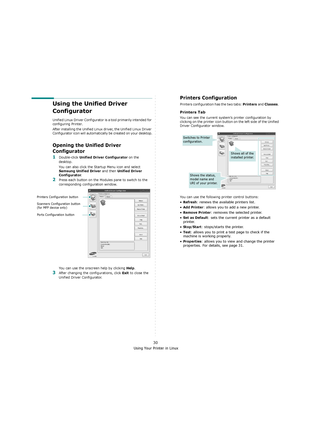 Samsung ML-4551N Using the Unified Driver Configurator, Printers Configuration, Opening the Unified Driver Configurator 