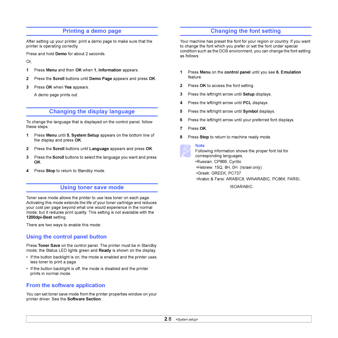 Samsung ML-4551N manual Printing a demo, Changing the display language, Using toner save mode, Changing the font setting 