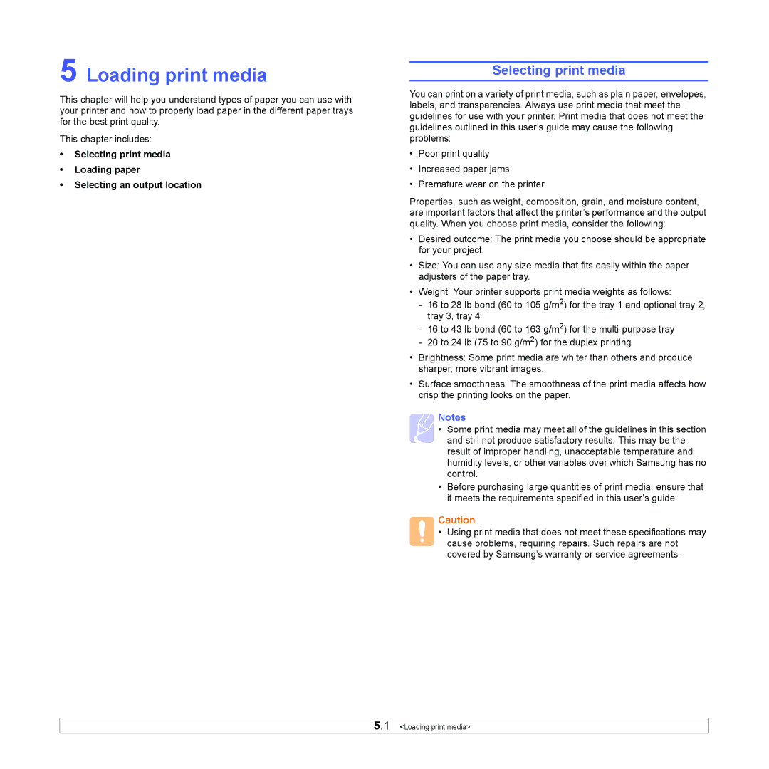 Samsung ML-4551N manual Loading print media, Selecting print media 