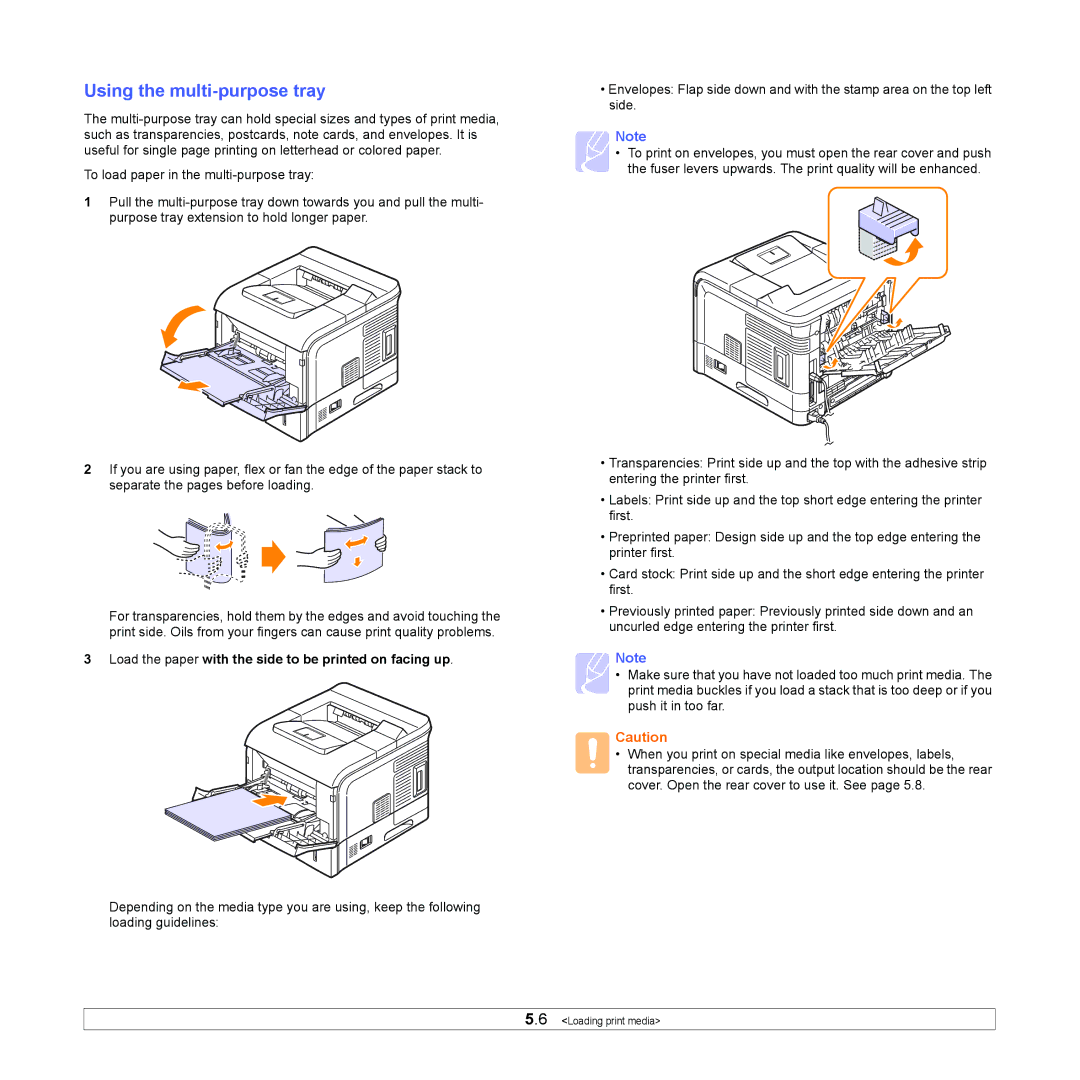 Samsung ML-4551N manual Using the multi-purpose tray, Load the paper with the side to be printed on facing up 