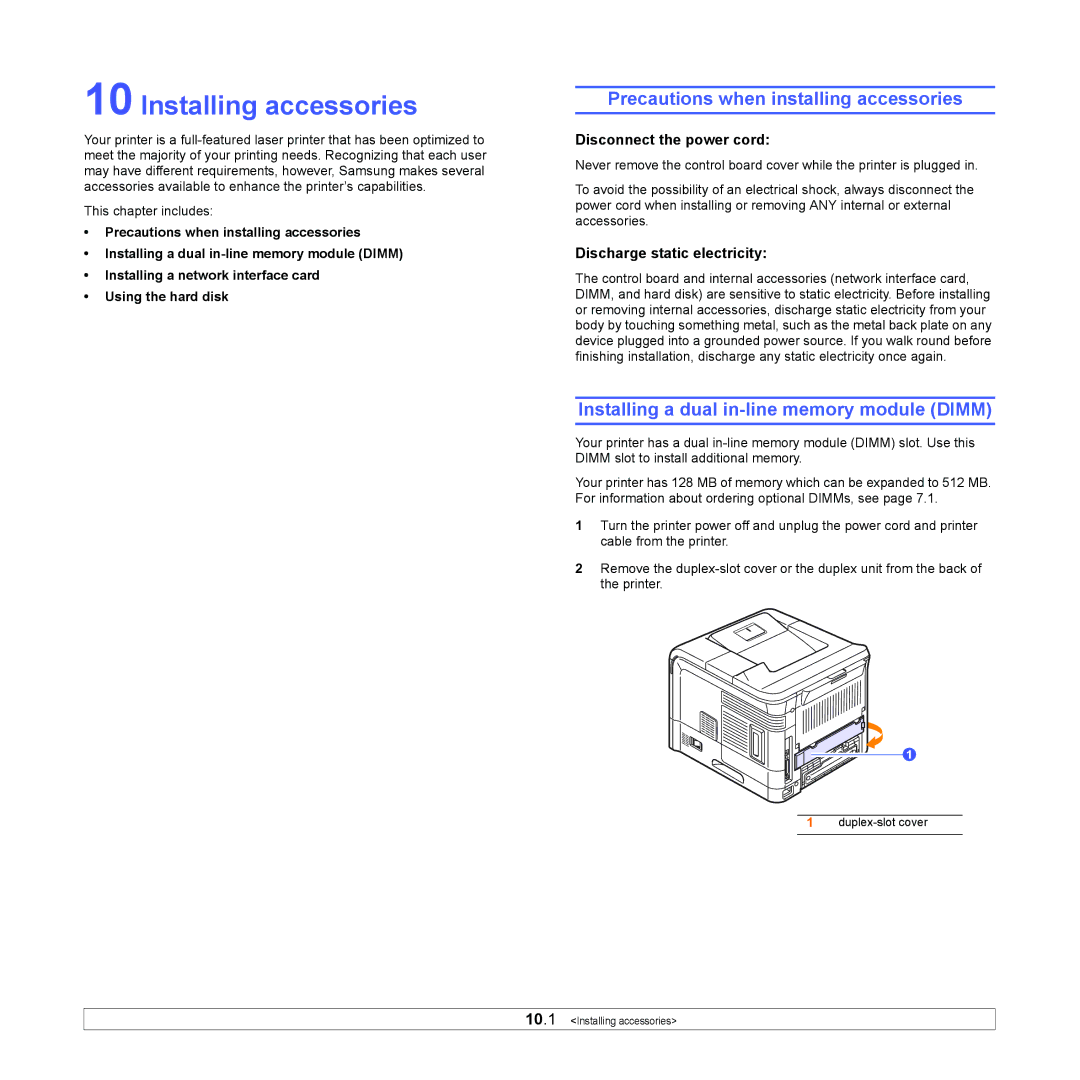 Samsung ML-4551N manual Installing accessories, Precautions when installing accessories, Disconnect the power cord 